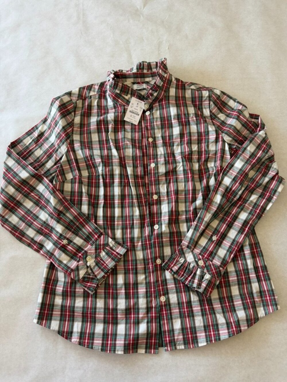 J.Crew Tartan Button Front Blouse Top Ruffled Collar Plaid Red White Sz M NWT